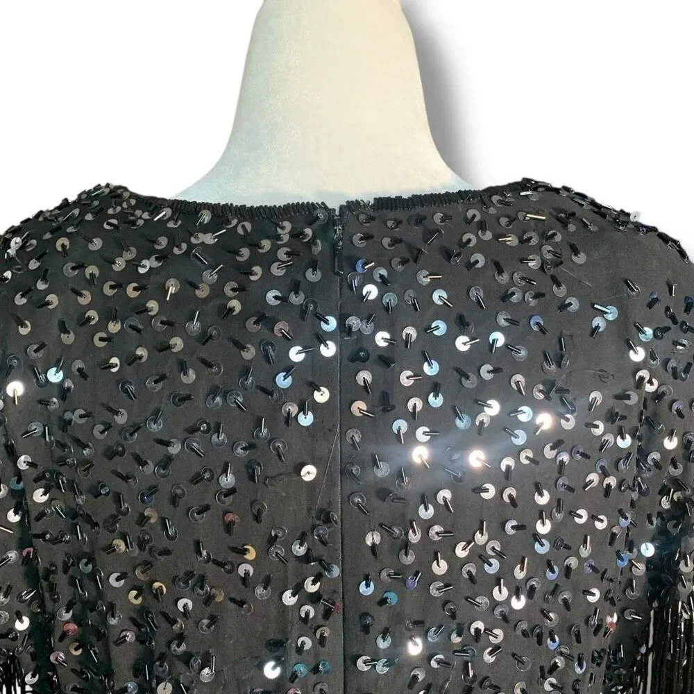 Vintage 80s Cocktail Dress Silk Black Metallic Sequin Fringe Hemmed Sleeve‎ 10